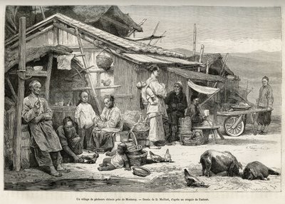 Čínská rybářská vesnice poblíž Monterey v Kalifornii svědčila o významné čínské komunitě založené na tichomořském pobřeží Spojených států. Rytina podle kresby D. Maillarda, pro ilustraci příběhu La conquete blanche, od Williama Hepwortha od French School