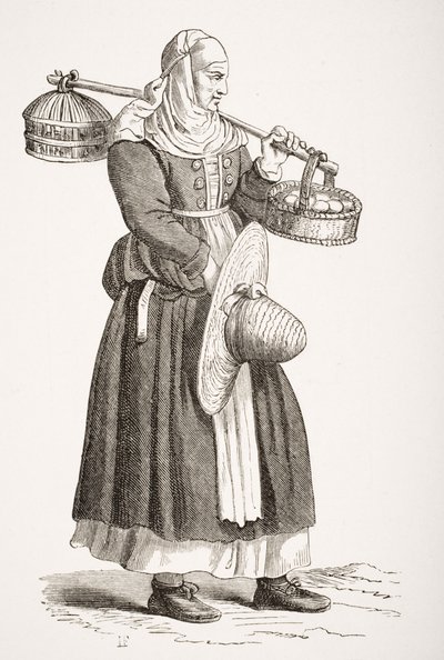 Obchodník s vejci, po dřevorytu ze 16. století od Cesare Vecellia (1521–1601) z „Le Moyen Age et La Renaissance“ od Paula Lacroixe (1806–84) vydaného v roce 1847 od French School