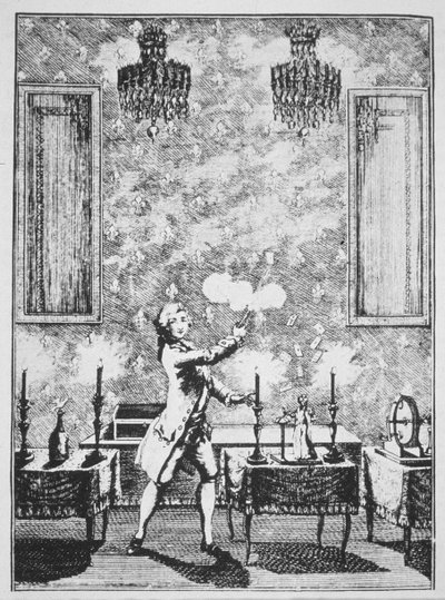 Ukázka kouzel z La magie Blanche devoilee od Decrempse, 1659, ilustrovaná v Historii magie, vydané koncem 19. od French School
