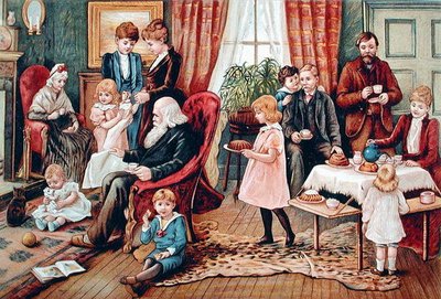 A Family Takeing Tea, cca 1900 (barevné lito) od French School