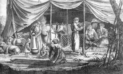 Rodina kurdských nomádů, z Voyage en Perse od Gasparda Drouvilla, vydáno 1825 od French School