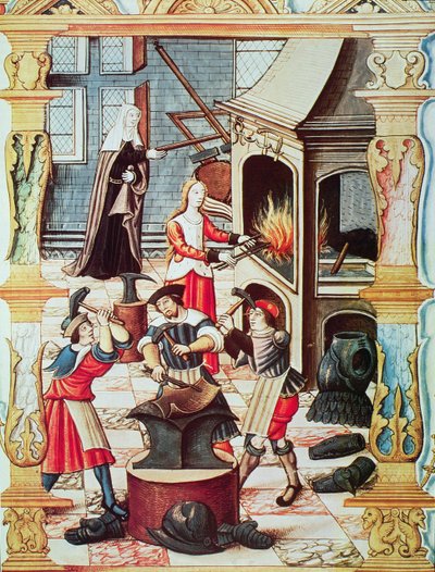 Francouzská kovárna ze 16. století, kopie miniatury z „Chants royaux sur la Conception Couronnee du Puy de Rouen“ (barevné litho) od French School