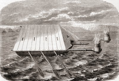 Řecká požární loď, podle kresby v latinském rukopisu ze 13. století, z Les Merveilles de la Science, vydáno kolem roku 1870 (rytina) od French School