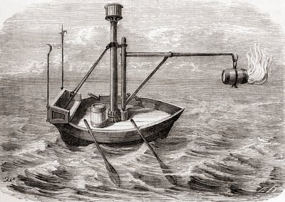 Řecká požární loď, podle kresby v latinském rukopisu ze 13. století, z Les Merveilles de la Science, vydáno kolem roku 1870 (rytina) od French School