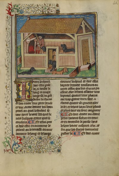 A Hunter Attending to Kenneled Dogs, cca 1430-40 (tempera, zlatá, stříbrná barva a list na pergamenu) od French School
