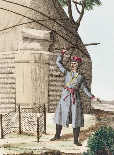 Kalmuk zastrašující zlé duchy při práci své manželky od French School