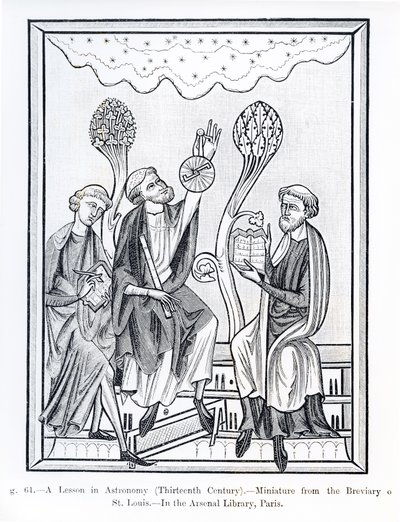 Lekce z astronomie, z Breviáře St. Louis, ilustrace z Vědy a literatury ve středověku a renesanci, napsal a vyryl Paul Lacroix, 1878 (černobílá fotografie od French School