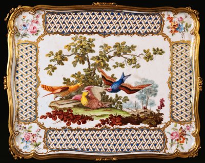 Podnos Louis XV Sevres zdobený třemi exotickými ptáky v krajině, tvořící horní část stolu kavárny, 1761 od French School