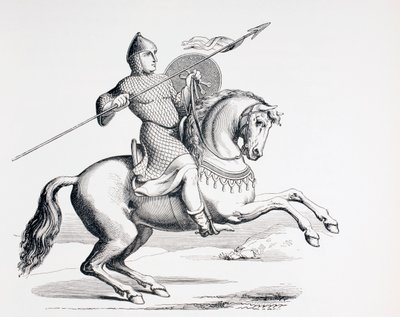 Normanský rytíř v řetězové zbroji a přilbě s kopím a štítem, 1873 od French School