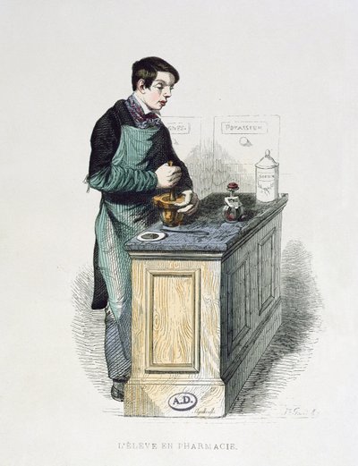 Student farmacie připravující lék, ilustrace z Les Francais namalovali sami, Editions L. Curmer, 1841 (barevná rytina) od French School