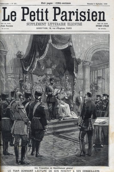 Návrh na všeobecné odzbrojení (předložený evropským mocnostem) – Car Nicholas II (1868-1918) čte svůj rekript svým poradcům. Le Petit Parisien od French School