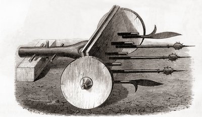 Ribauldequin, pekelný stroj nebo varhanní puška, vyzbrojená malým kanónem a hroty, z Les Merveilles de la Science, vydáno kolem roku 1870 (rytina) od French School