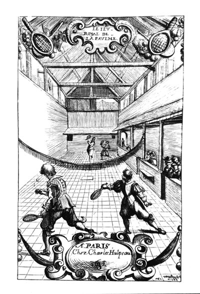 Královská tenisová hra v Jeu de Paume ve Versailles, kterou vydal Charles Hulpeau od French School