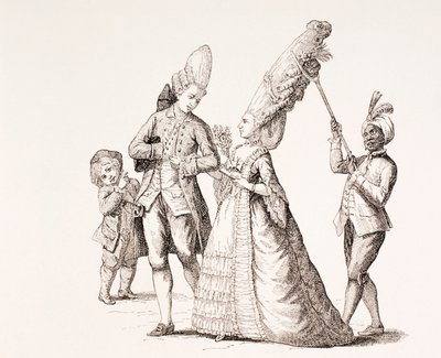 Satira na extrémní ženské účesy v Paříži 18. století, 1875 od French School