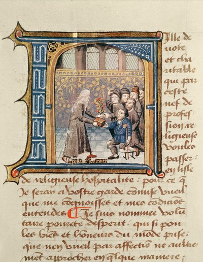 Sestra přijímající dárky od pacientů z Le Livre de Vie Active de lHotel Dieu de Paris od Jeana Henryho, kolem 1482 od French School