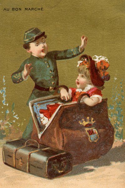 Překvapení v zavazadlech, ze série ilustrací dětí, vyrobených jako propagační karty pro obchodní dům Bon Marché v Paříži, kolem roku 1890 od French School