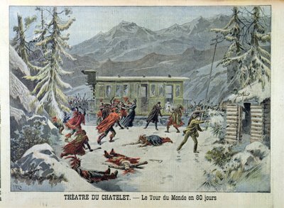 Vlak napadený americkými Indiány, z cesty kolem světa za 80 dní od Julese Verna (1828-1905) z Le Petit Journal, 13. května 1898 od French School