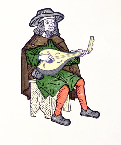 Trubadúr hrající na loutnu, z počátku 13. století, zpěvný Aucassin et Nicolette od French School