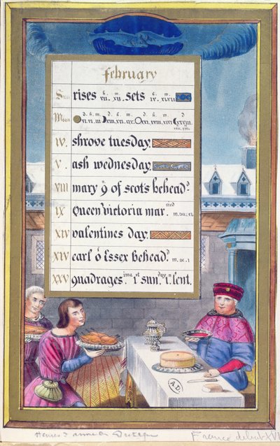 List viktoriánského kalendáře na únor s ilustrací z Knihy hodin Anny de Bretagne (1488-1514) od French School