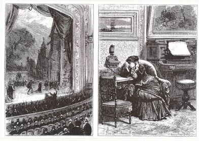 Žena poslouchající operní představení ve svém vlastním domě pomocí telefonu Ader-Bell a Adersova zařízení pro přenos hudby z Les Nouvelles Conquetes de la Science od Louise Figuiera, od French School