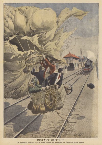 Balón přistávající na železniční trati v dráze blížícího se rychlíku (barva litho) od French School