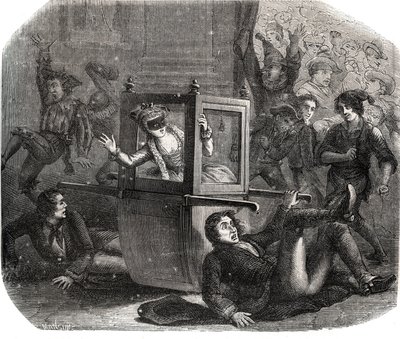Banda vtipálků brání Marii-Therese (Marie Therese) Le Vasseur (Levasseur) (1721-1801), kostýmu pro karneval, v postupu na invalidním vozíku. Je obětí pomsty jednoho z těch bývalých milenců. Rytina z roku 1871 v „Histoire Des Cocus C od French School