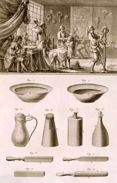 Holičství a holičské nástroje, z Encyclopedie des Sciences et Metiers od Denise Diderota (1713-84) vydané kolem roku 1770 od French School