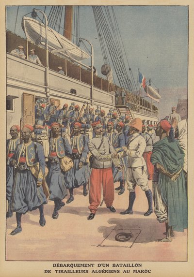 Prapor alžírských tirailleurs vylodění z lodi v Casablance, Maroko (barva litho) od French School