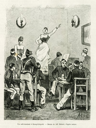 Kavárna zpívající v Bourg Leopold. Rytina A.Huberta k ilustraci příběhu La Belgique, Camille Lemonnier, in le tour du monde 1886, režie Edouard Charton (1807-1890), Hachette, Paříž. od French School