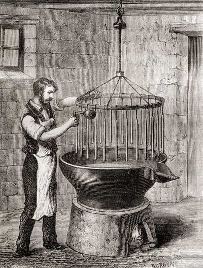 Obchodník vyrábějící svíčky v 19. století, z knihy "Les Merveilles de la Science", vydané kolem roku 1870 (rytina) od French School