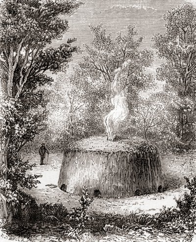 Pec na dřevěné uhlí v lese, po kresbě z 19. století, z Les Merveilles de la Science, vydáno kolem roku 1870 (rytina) od French School