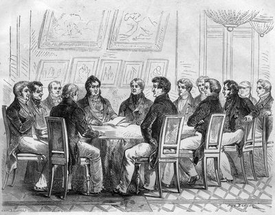 Smiřitelný zástupce buržoazie v Palais Royal v Paříži za Karla X. a restaurování. Rytina v „Historie papežů-králů-královen a císařů v průběhu staletí““ od Maurice Lachatre od French School