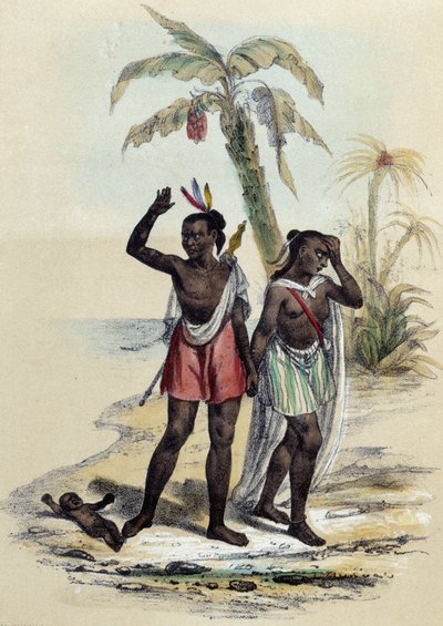 Pár a dítě na pláži; ilustrace pro markýzy, -in „Les dvanáct národů““ od M.E Fouineta od French School