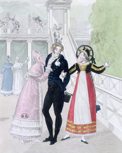 Dandy, kterému se dvoří dvě maskované ženy, ze série Le Bon Genre (ručně kolorovaná rytina) od French School