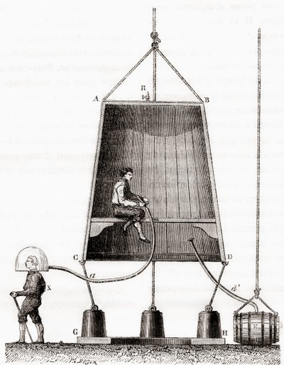 Potápěčský zvon postavený Halleyem v roce 1691, z „Les Merveilles de la Science“, publikovaný kolem roku 1870 (rytina) od French School