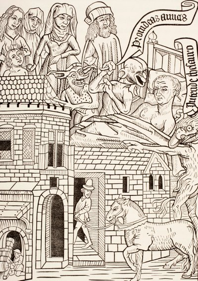 Umírající hříšník obklopený svou rodinou a dvěma ďábly mu šeptají do ucha, stránka z textu z 15. století Ars Moriendi aneb Umění umírat, z Les Artes au Moyen Age, vydáno 1873 od French School