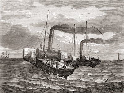 První pokus Anglo-francouzské telegrafní společnosti Johna Watkinse Bretta z roku 1850 o položení první linky pod Lamanšským průlivem z Doveru do Calais pomocí přestavěných remorkérů Goliath a Widgeon, z knihy Les Merveilles de la Science, vydané kolem rok od French School