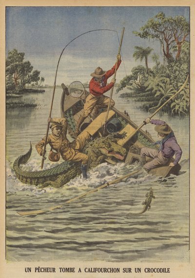 Rybář padající obkročmo na krokodýla poté, co se mu převrátil člun (barva litho) od French School