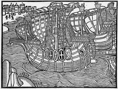 Flotila v 15. století podle rytiny „Vergier Dõhonneur“. Rytina v „La Marine et les colonies: commerce“ od French School