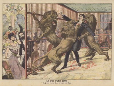 Pošetilý mladík napadený lvy poté, co vstoupil do jejich klece (barva litho) od French School
