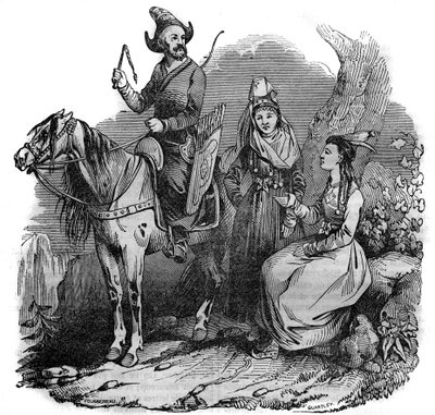Skupina kyrgyzských (kyrgyzských) kozáků v tradičním kroji. V "" Malebném obchodě "" 1835 od French School