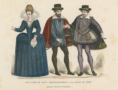 Dáma a dva pánové v módě z roku 1605 od French School