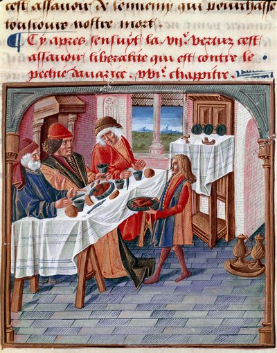 Muž sdílí svůj stůl s chudými v nouzi Miniatura převzatá z „Le livre de bonnes moreurs de Jacques Legrand“ 1490 Chantilly, Musee Conde od French School