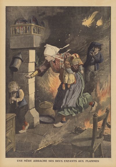 Matka zachraňující své děti před ohněm (barva litho) od French School