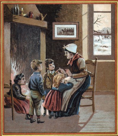 Matka vypráví svým dětem u ohně příběhy. Obálka knihy “”Les tales du foyer pour les petits”””. Anonymní rytina 19. století. od French School