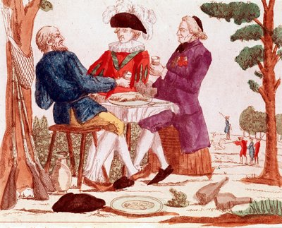 Sedlák (tiers etat), duchovní a šlechtic jedí společně u stolu králíka, vpravo v pozadí lovecká scéna, vlevo tři zbraně, srpen 1789 (rytina, konec 18. století) od French School