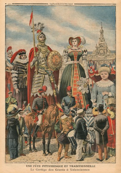 Malebný a tradiční svátek, průvod obrů ve Valenciennes, ilustrace z 