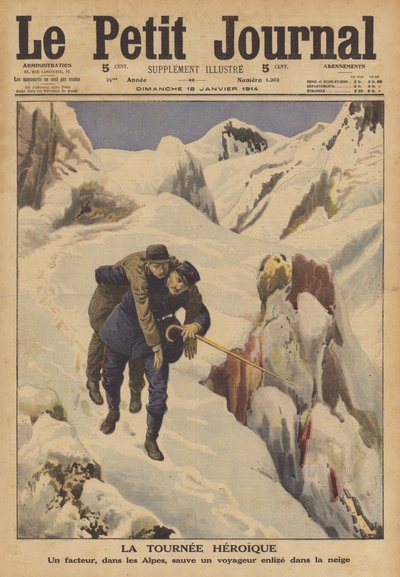 Pošťák zachraňující cestovatele ztraceného ve sněhu v Alpách (barva litho) od French School