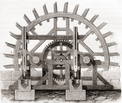 Mlýn na prášek a jeho vodní kolo, po nákresu z 19. století, z Les Merveilles de la Science, vydáno kolem roku 1870 (rytina) od French School
