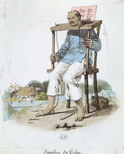 Vězeň v Cangue v Číně, cca 1800 (barevná rytina) od French School